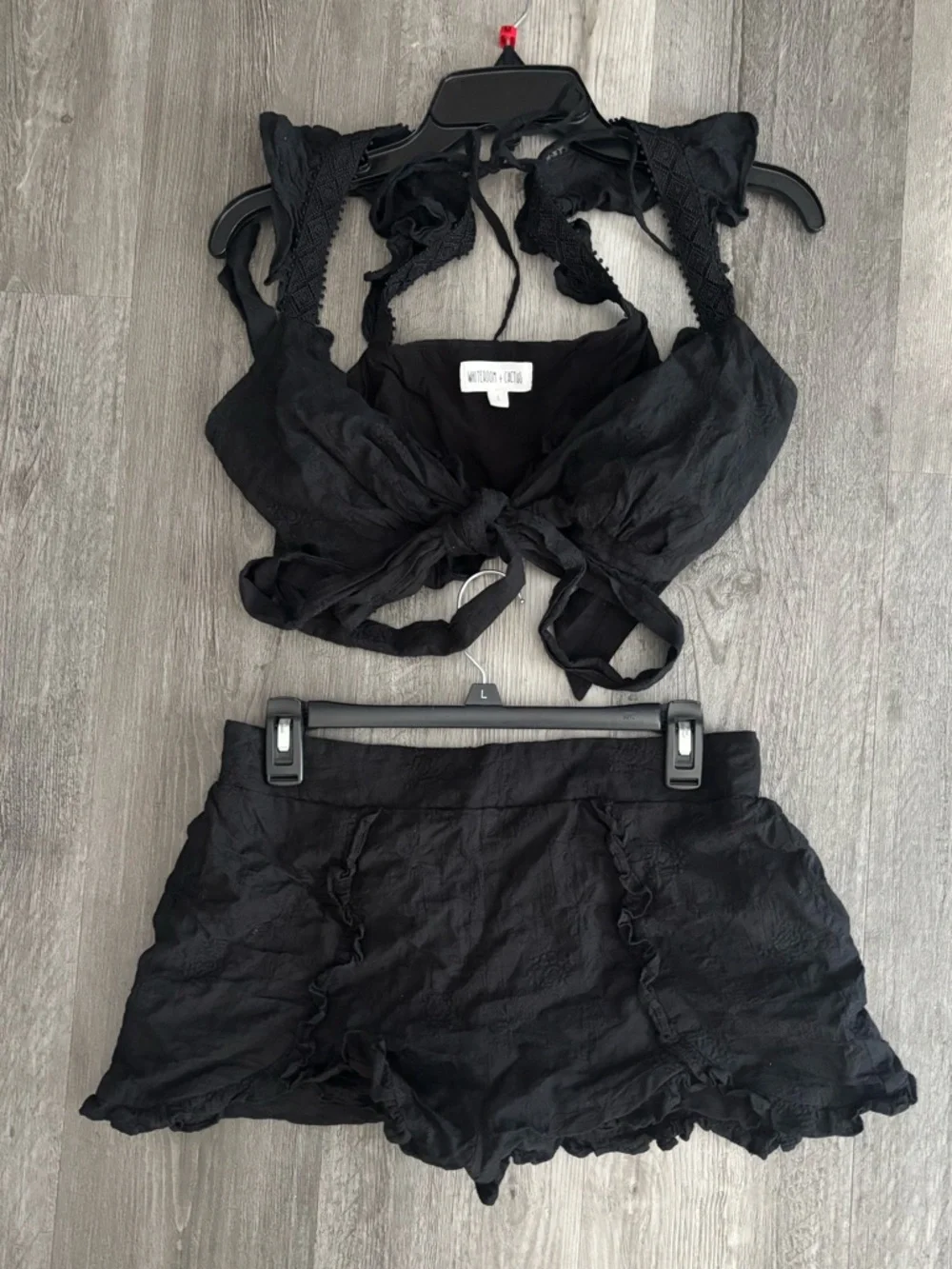 Matching Set- Textured Tie-Front Crop Top & Ruffle Shorts - Picture 1 of 5